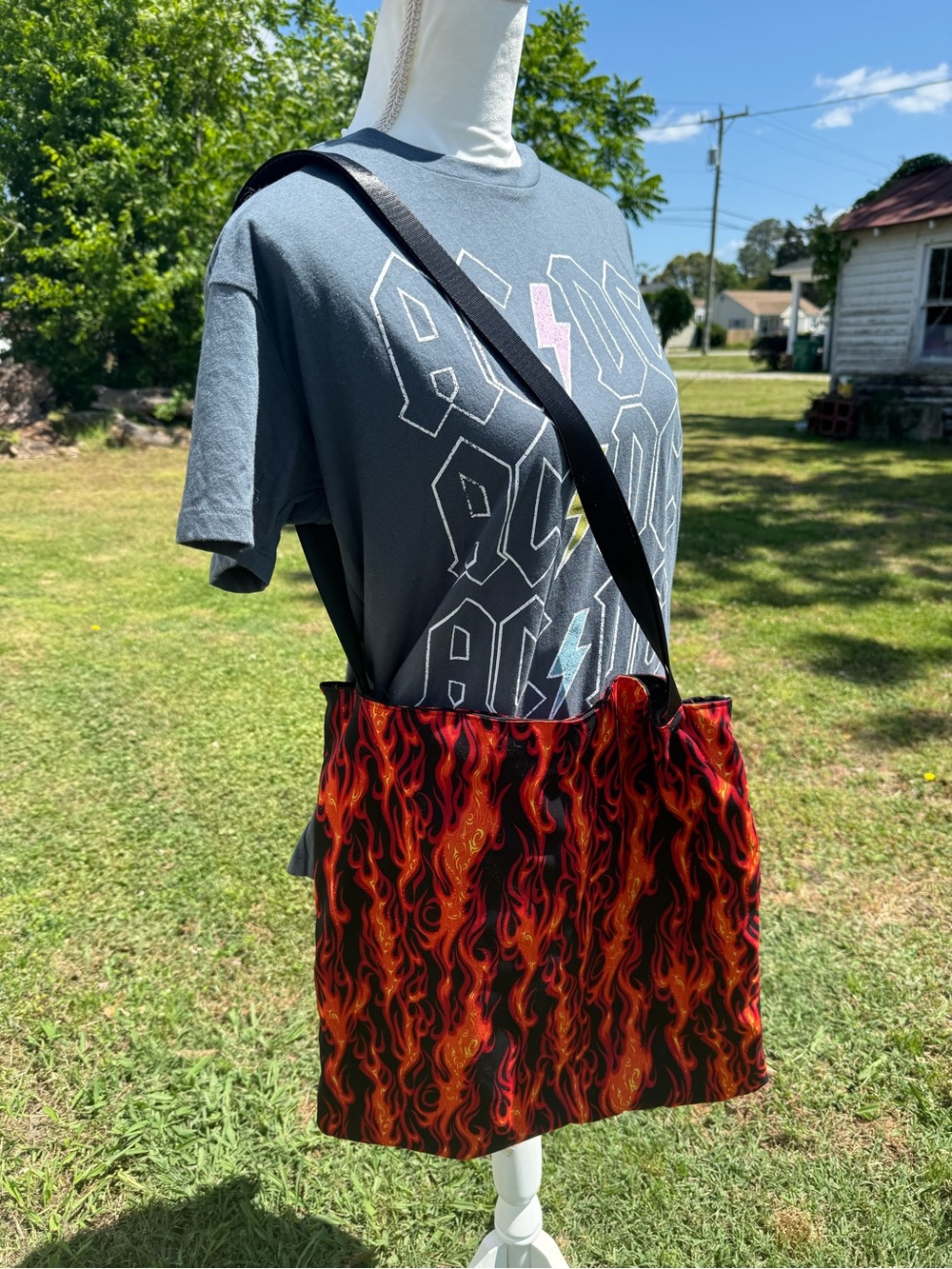 Handmade upcycled AC/DC reversible tote